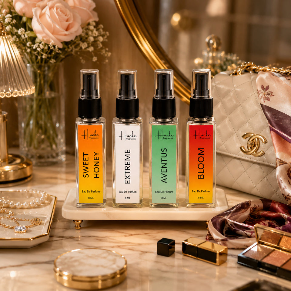 HUNKE EDP Inspired Perfume Set for Men & Women | Set of 4 Premium Long Lasting Fragrances | 8 ml Each | Travel Size Mini Perfume Gift Set | Eau de Parfum Collection - Sweet Honey, Extreme, Aventus, Bloom