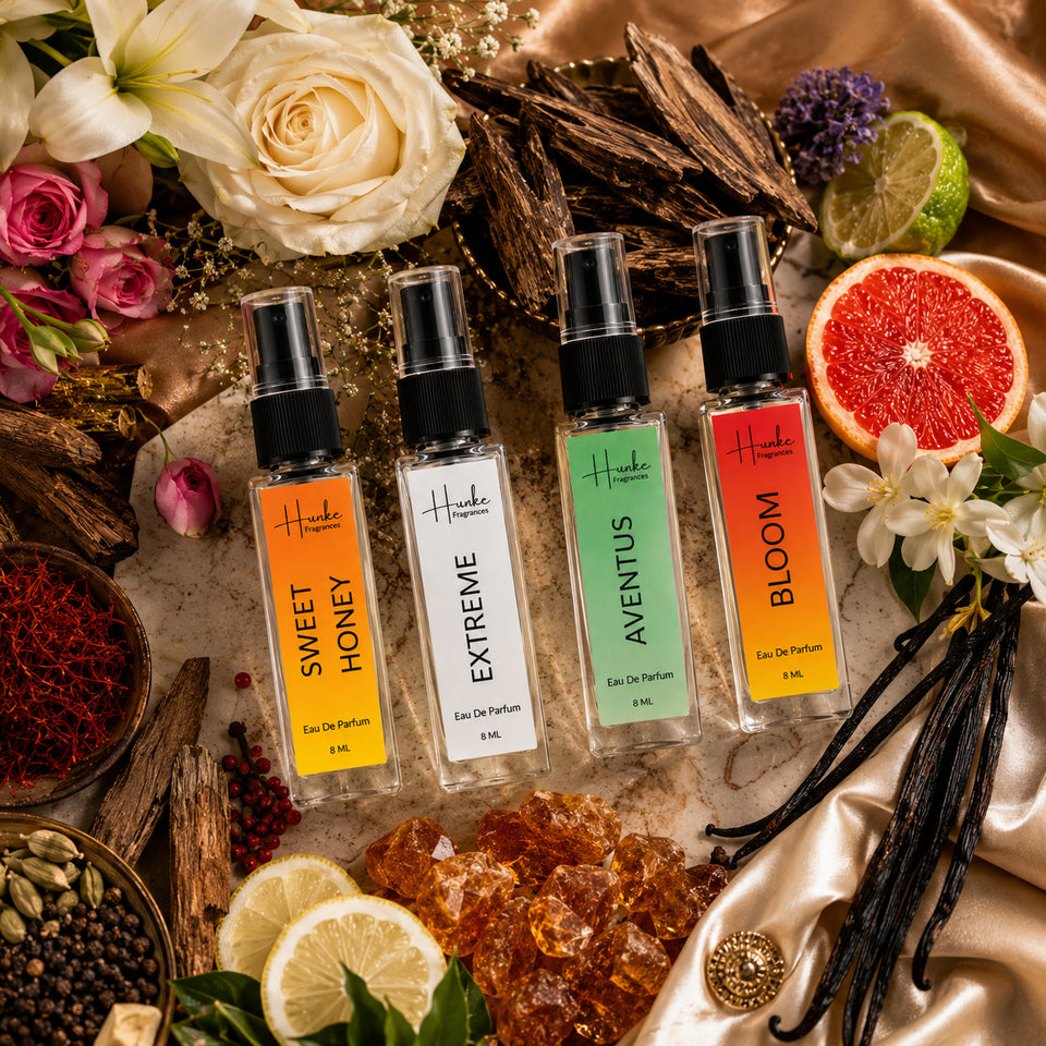 HUNKE EDP Inspired Perfume Set for Men & Women | Set of 4 Premium Long Lasting Fragrances | 8 ml Each | Travel Size Mini Perfume Gift Set | Eau de Parfum Collection - Sweet Honey, Extreme, Aventus, Bloom