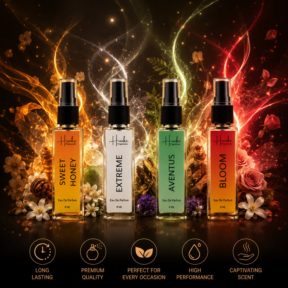 HUNKE EDP Inspired Perfume Set for Men & Women | Set of 4 Premium Long Lasting Fragrances | 8 ml Each | Travel Size Mini Perfume Gift Set | Eau de Parfum Collection - Sweet Honey, Extreme, Aventus, Bloom