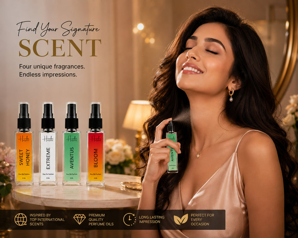 HUNKE EDP Inspired Perfume Set for Men & Women | Set of 4 Premium Long Lasting Fragrances | 8 ml Each | Travel Size Mini Perfume Gift Set | Eau de Parfum Collection - Sweet Honey, Extreme, Aventus, Bloom