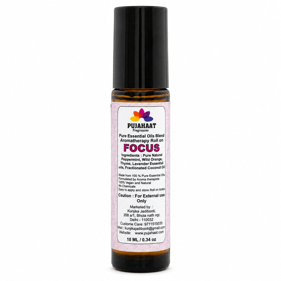 Pujahaat Focus Aromatherapy Roll-on | Blend of Essential Oils |  Boost Productivity & Mental Clarity | Reduces Distractions & Brain Fog | Ideal for Students & Professionals 10ml/0.33 fl oz - Focus Roll-on
