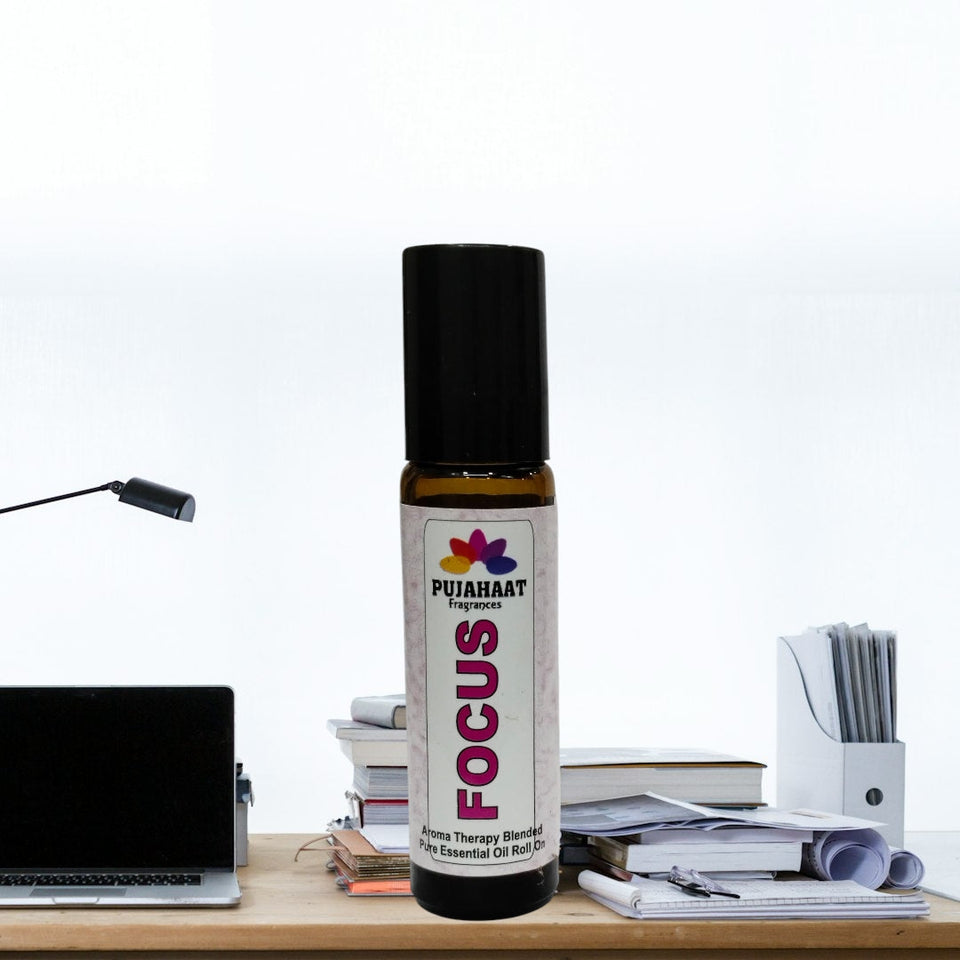 Pujahaat Focus Aromatherapy Roll-on | Blend of Essential Oils |  Boost Productivity & Mental Clarity | Reduces Distractions & Brain Fog | Ideal for Students & Professionals 10ml/0.33 fl oz - Focus Roll-on