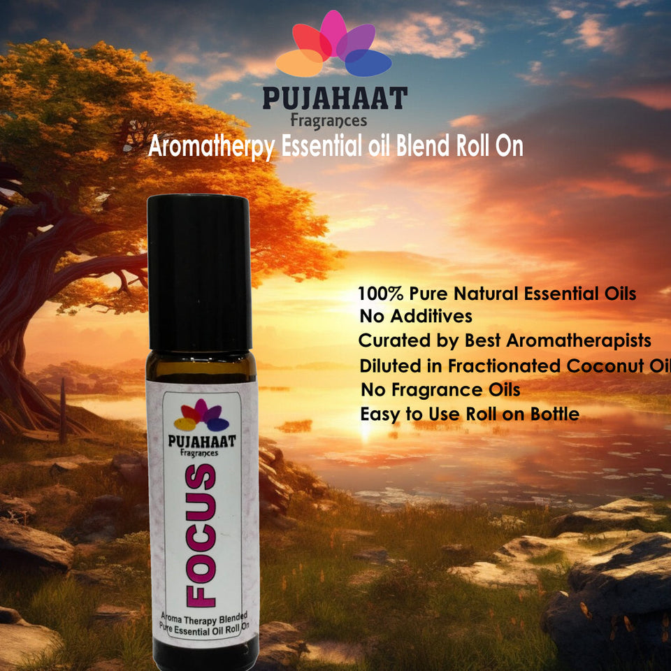 Pujahaat Focus Aromatherapy Roll-on | Blend of Essential Oils |  Boost Productivity & Mental Clarity | Reduces Distractions & Brain Fog | Ideal for Students & Professionals 10ml/0.33 fl oz - Focus Roll-on