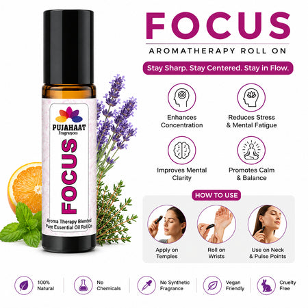Pujahaat Focus Aromatherapy Roll-on | Blend of Essential Oils |  Boost Productivity & Mental Clarity | Reduces Distractions & Brain Fog | Ideal for Students & Professionals 10ml/0.33 fl oz - Focus Roll-on