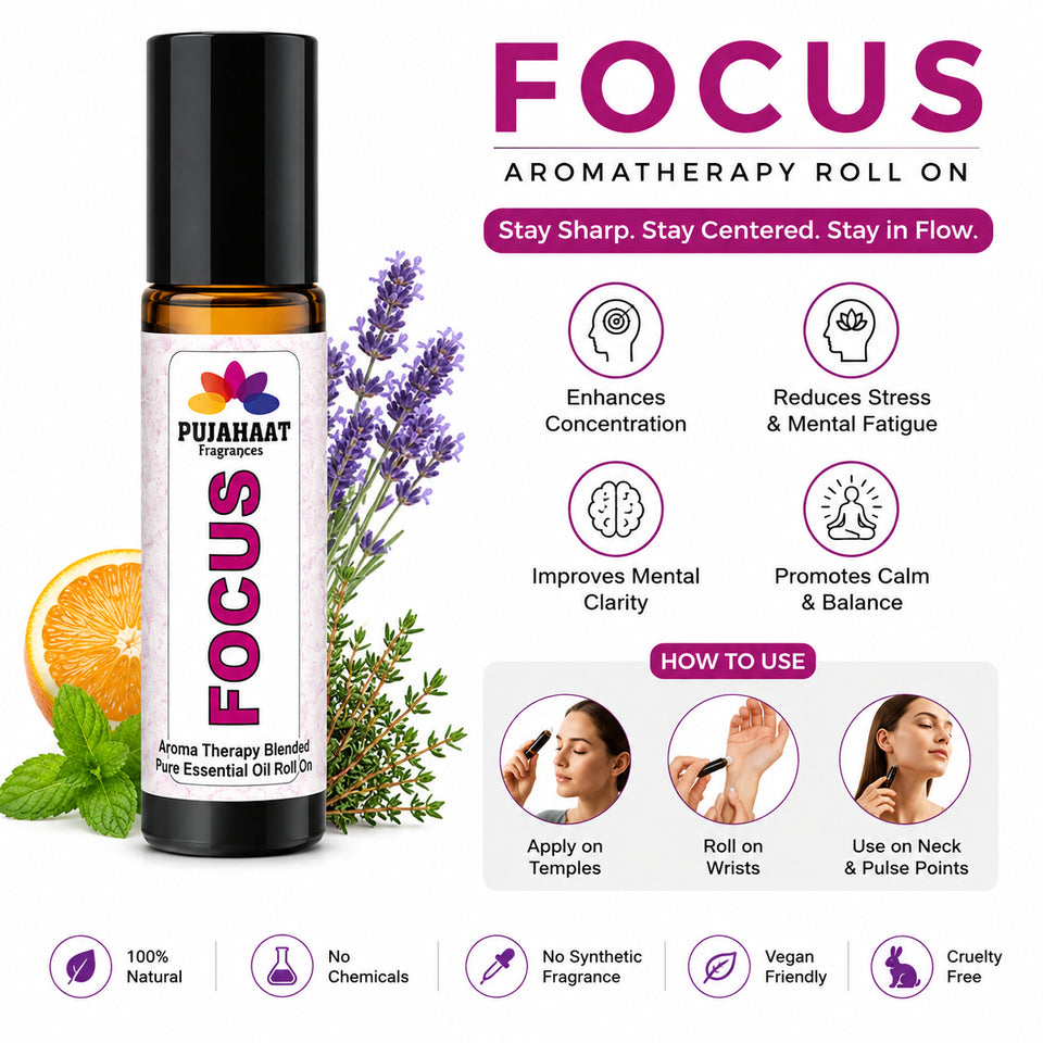 Pujahaat Focus Aromatherapy Roll-on | Blend of Essential Oils |  Boost Productivity & Mental Clarity | Reduces Distractions & Brain Fog | Ideal for Students & Professionals 10ml/0.33 fl oz - Focus Roll-on