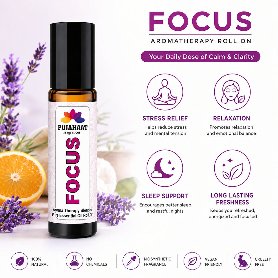 Pujahaat Focus Aromatherapy Roll-on | Blend of Essential Oils |  Boost Productivity & Mental Clarity | Reduces Distractions & Brain Fog | Ideal for Students & Professionals 10ml/0.33 fl oz - Focus Roll-on