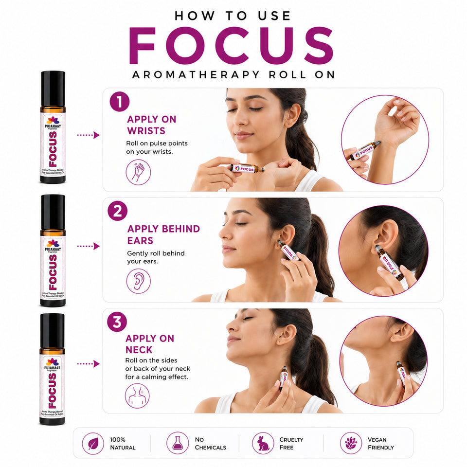 Pujahaat Focus Aromatherapy Roll-on | Blend of Essential Oils |  Boost Productivity & Mental Clarity | Reduces Distractions & Brain Fog | Ideal for Students & Professionals 10ml/0.33 fl oz - Focus Roll-on