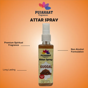 Pujahaat Premium Attar Spray | 100 ml Non Alcoholic Spray | Religious Mist | Air Freshener, Room Mist, Fabric & Linen Spray | Perfect for Prayers Rooms, Living Room, sofas, curtains, car - Guggal Fragrance