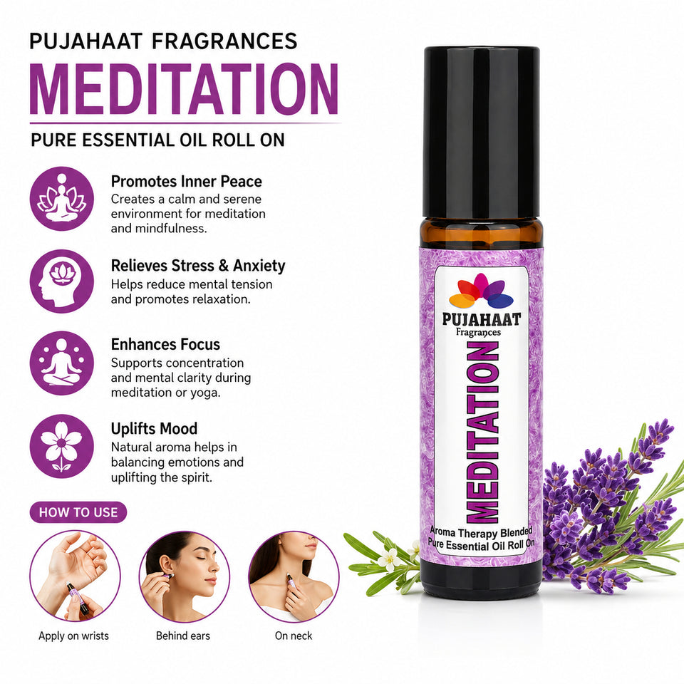 Pujahaat Meditation Aromatherapy Roll-on | Blend of Essential Oils |  Encourages a clear state of mind | Support a deeper mind-body | 10ml/0.33 fl oz - Meditation Roll-on