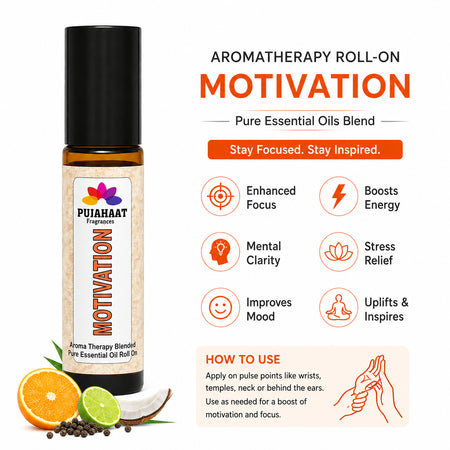 Pujahaat Motivation Aromatherapy Roll-on | Blend of Essential Oils | Promotes Feelings of Confidence, Courage and Belief, Counteracts Negative Emotions | 10ml/0.33 fl oz - Motivation Roll-on