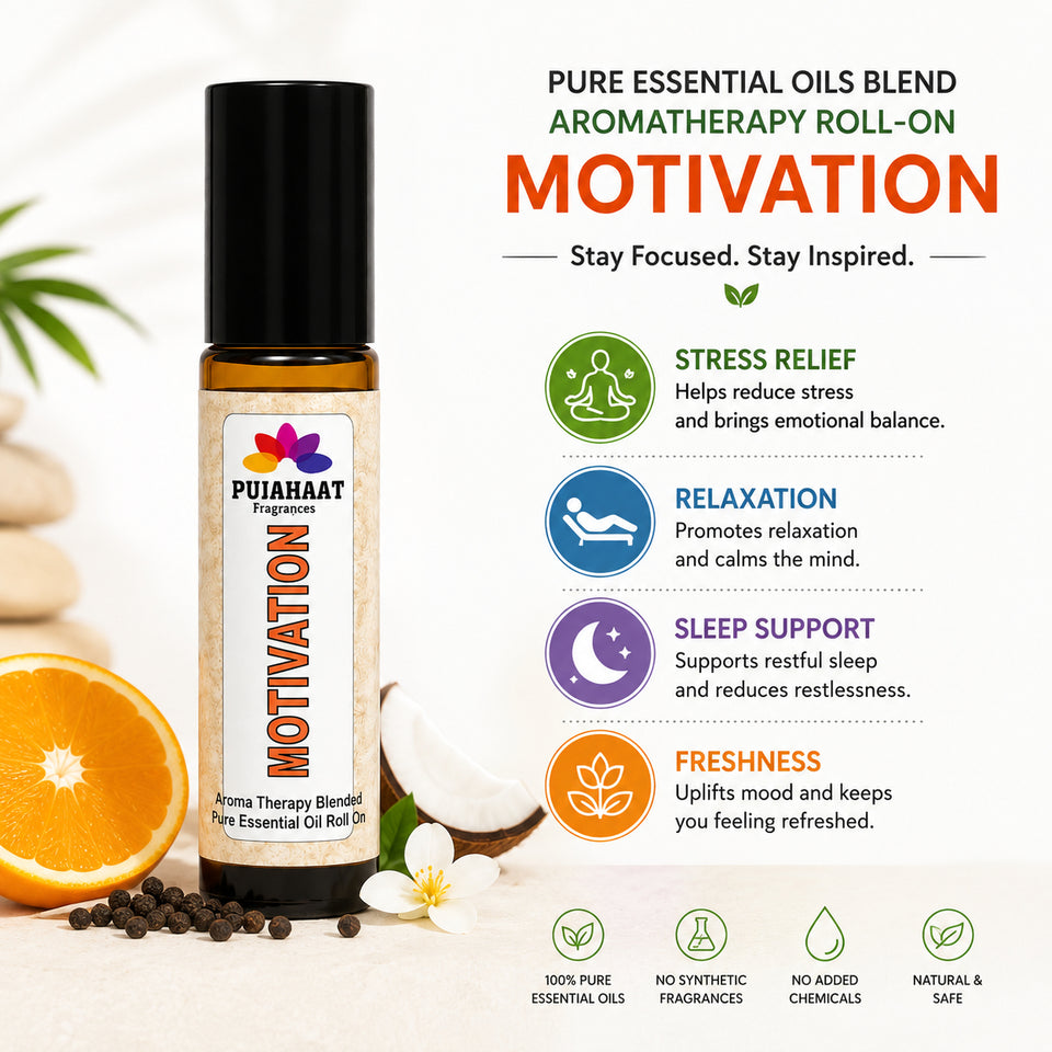 Pujahaat Motivation Aromatherapy Roll-on | Blend of Essential Oils | Promotes Feelings of Confidence, Courage and Belief, Counteracts Negative Emotions | 10ml/0.33 fl oz - Motivation Roll-on