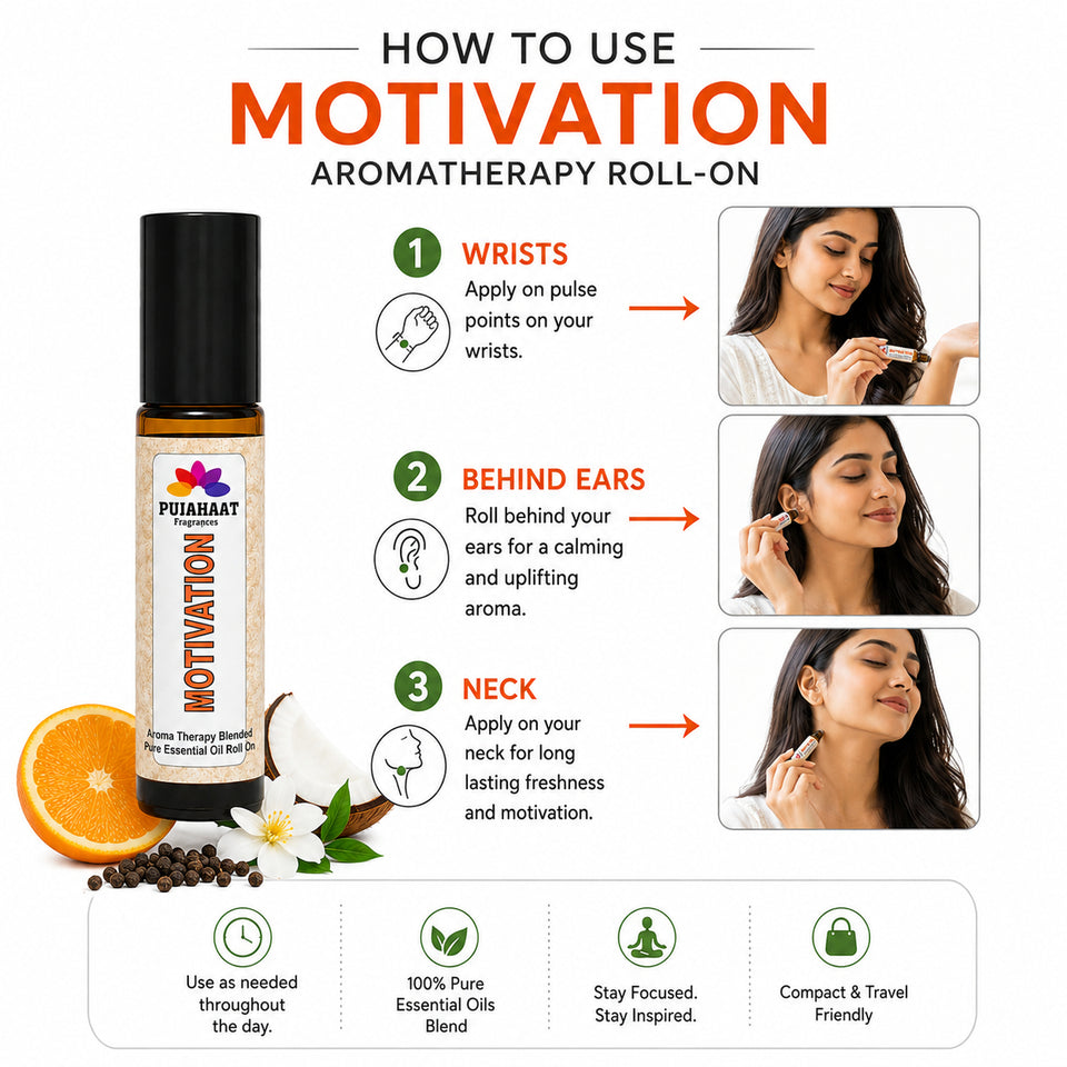 Pujahaat Motivation Aromatherapy Roll-on | Blend of Essential Oils | Promotes Feelings of Confidence, Courage and Belief, Counteracts Negative Emotions | 10ml/0.33 fl oz - Motivation Roll-on