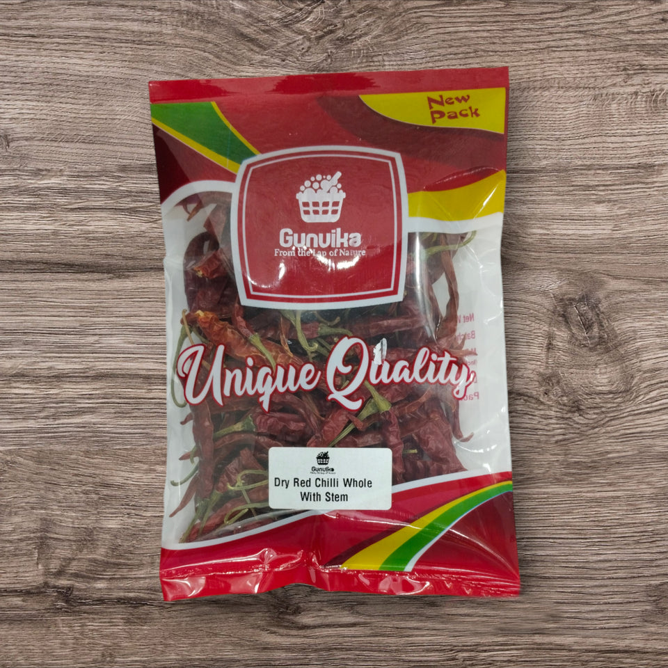 Gunvika Whole Dry Red Chilly with Stem Clean Guntur Sannam Chillies Hot Dried Red Chilli Sabut Lal Mirch Dry Red Chilli | Indian Spices & Masala