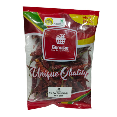 Gunvika Whole Dry Red Chilly with Stem Clean Guntur Sannam Chillies Hot Dried Red Chilli Sabut Lal Mirch Dry Red Chilli | Indian Spices & Masala