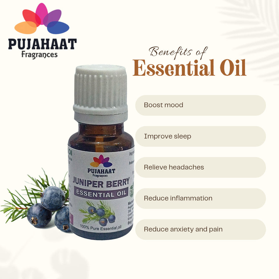 Pujahaat Juniper Berry Essential Oil |Therapeutic,Organic & Natural | Home Fragrance, Diffusers, Skin Care, Aromatherapy, Bath, Massage, Hair Care, Soap and Candle making - Vegan & Cruelty free - 15 ml