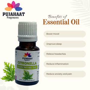 Pujahaat Citronella Essential Oil - Natural Citronella Oil For Aroma Therapy, Skin Care, Hair Treatment, Mosquito Repellent, Relaxation, And Wellness - Pure Essential Oil - Vegan & Cruelty free - 15 ml