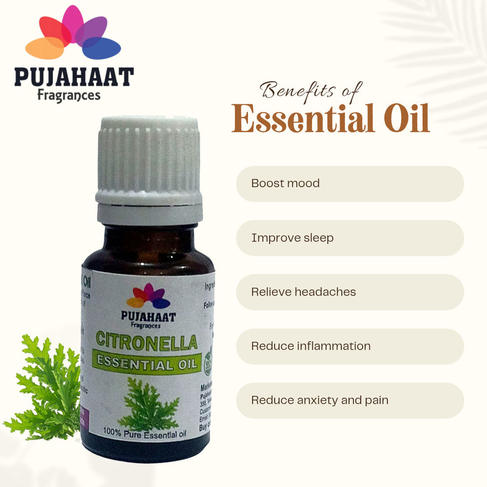 Pujahaat Citronella Essential Oil - Natural Citronella Oil For Aroma Therapy, Skin Care, Hair Treatment, Mosquito Repellent, Relaxation, And Wellness - Pure Essential Oil - Vegan & Cruelty free - 15 ml