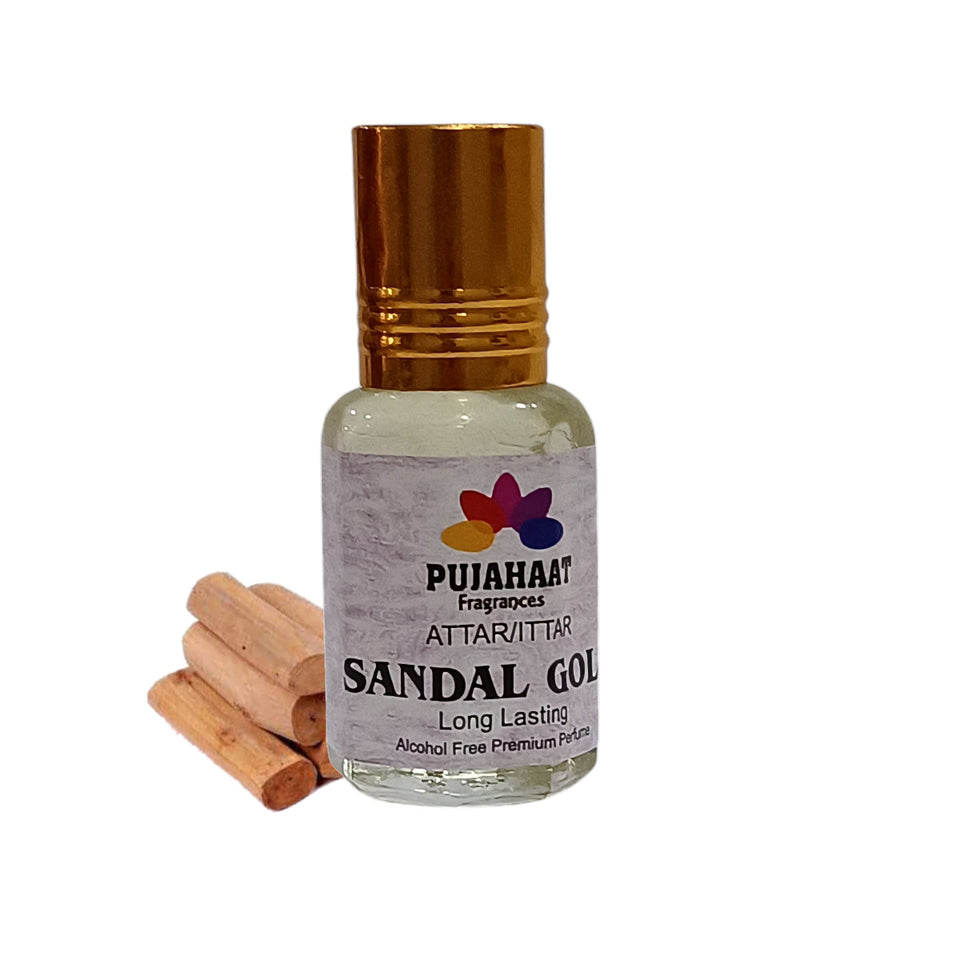 Pujahaat Premium Alcohol-Free Attar | Ittar 6ml, Long-Lasting Travel Size Roll-On, Best Woody Attar Fragrance Oil - Sandal Gold