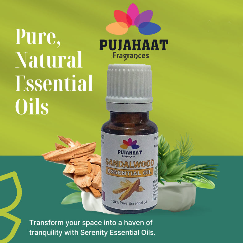 Pujahaat Sandalwood Essential Oil | For Skin Nourishment, Deep Hydration, Diffuser, Bath, Massage, DIY Beauty | Long Lasting Fragrance| 100% Organic, Undiluted, Natural & Sustainable Therapeutic-Grade - 15 ml