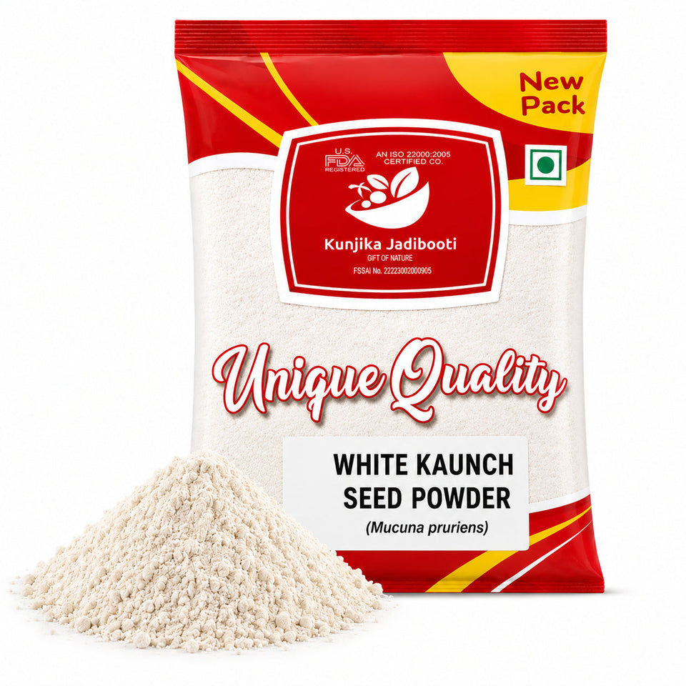Kunjika Jadibooti White Kaunch Beej Powder, Konch Seed Churan, Safed Koch ke beej, Alkushi, Kauch, Mucuna Pruriens, Velvet Beans, Kapikachhu Powder (100 Grams)