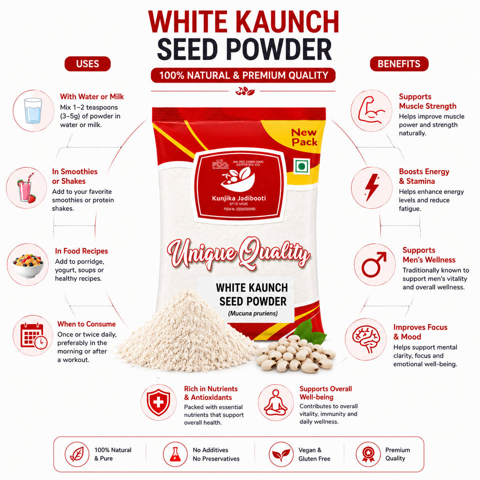 Kunjika Jadibooti White Kaunch Beej Powder, Konch Seed Churan, Safed Koch ke beej, Alkushi, Kauch, Mucuna Pruriens, Velvet Beans, Kapikachhu Powder (100 Grams)