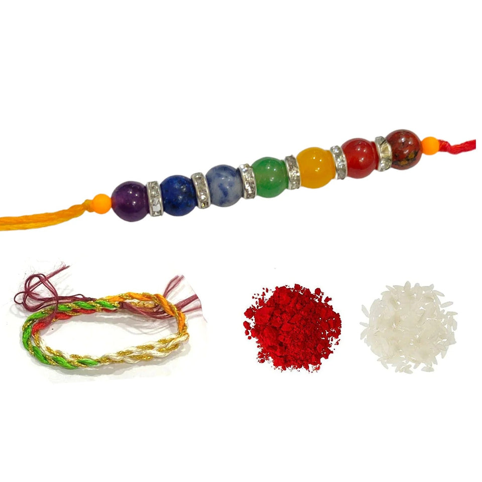 Pujahaat Raksha Bandhan Combo- Pineapple Attar ( Alcohol-Free) 6ml & 7 Chakra Crystal 8mm Beads Rakhi