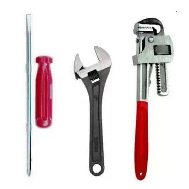 Toolkit Combo - Heavy  Duty Straight Single sided adjustable Pipe Wrench - 10 inches + 2 in 1 Screwdriver Philips and slotted Head Blade Size: 6 x 100 mm + New Multipurpose Adjustable Spanner wrench-10inch-ht11