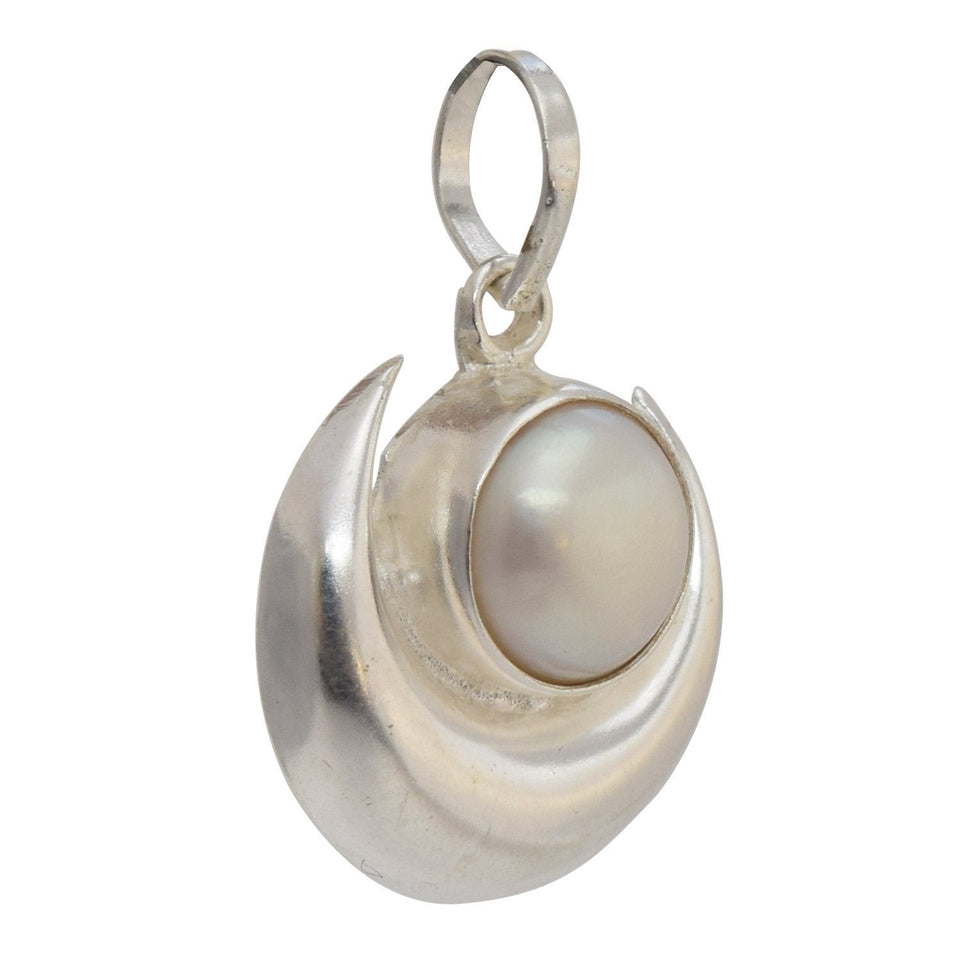 White Sterling-Silver Half Moon Shape Pendant with Natural Pearl Chand Moti Locket for Men and Women