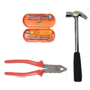 Hand Toolkit Set - Claw Hammer Steel Shaft Shock resistant rubber grip + 5 Blades Combination Screw Driver Set with Tester + Combination Plier with Joint Cutter-ht34