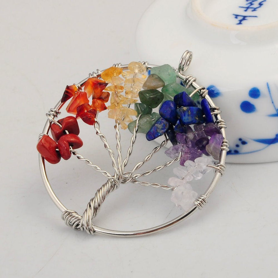 Rainbow 7 Chakra Tree of Life Crystal Wire Wrapped Gemstone Necklace Reiki Energized Crystal, Stone Pendant