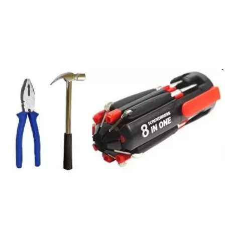 Multi Purpose Hand Tool Kit - Led Screwdriver 8 Pcs Set, Plier And Steel Hammer-ht49