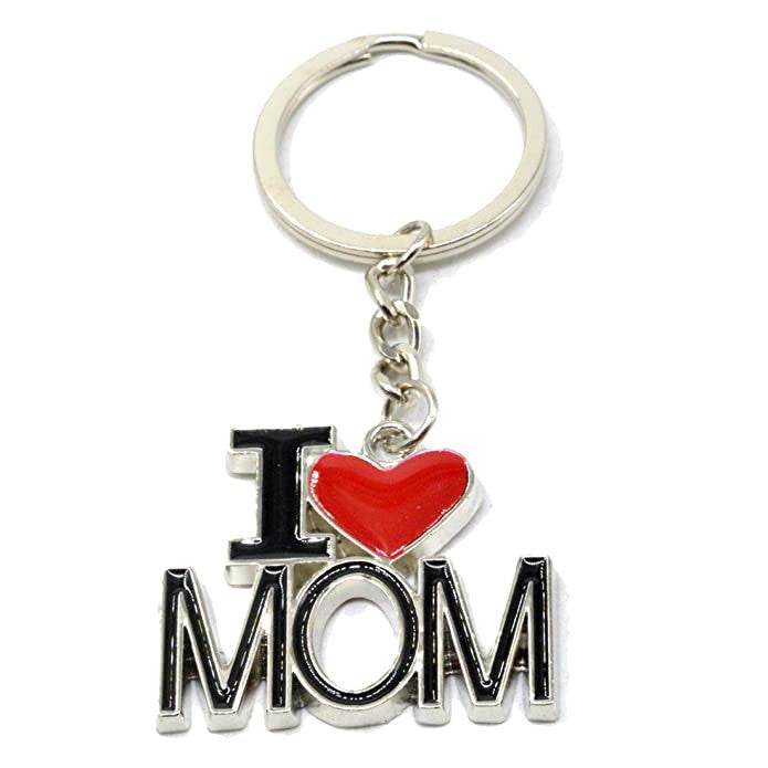 Mom Keychain - I Love Mom Key-Chain, Mom Key-Ring - Mom's Birthday, Silver, Black & Red Alloy, 3.5 x 0.1 x 1.6 Inches