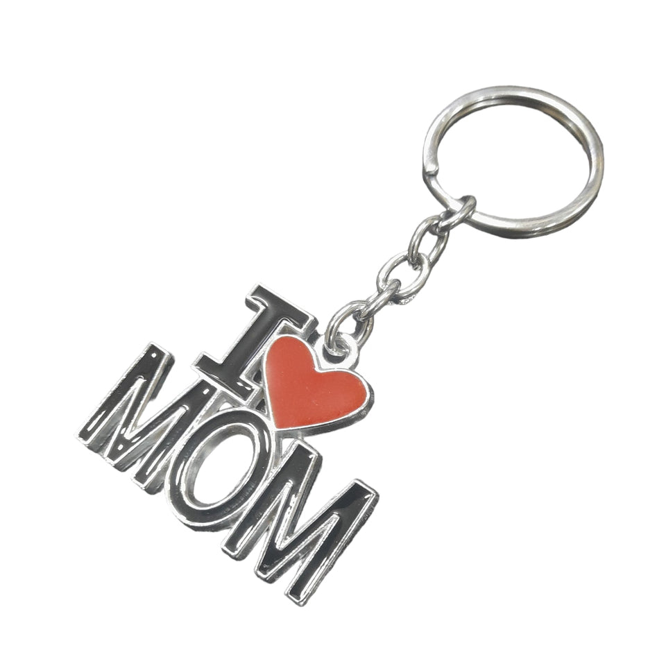 Mom Keychain - I Love Mom Key-Chain, Mom Key-Ring - Mom's Birthday, Silver, Black & Red Alloy, 3.5 x 0.1 x 1.6 Inches