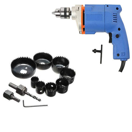 Powerful Drill Machine 10 mm + Carbon Steel Metal Alloys Wood Hole Saw Cutting Set - HT 64