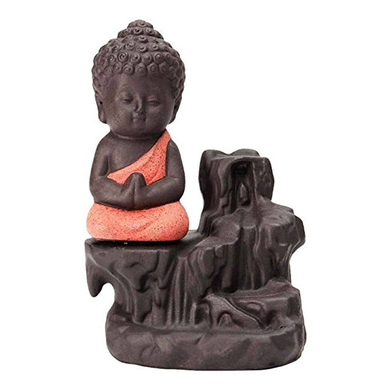 Meditating Monk Buddha Smoke Backflow Fountain Cone Incense Holder Decorative Showpiece with Free 10 Smoke Backflow Scented Cone Incense (Orange)