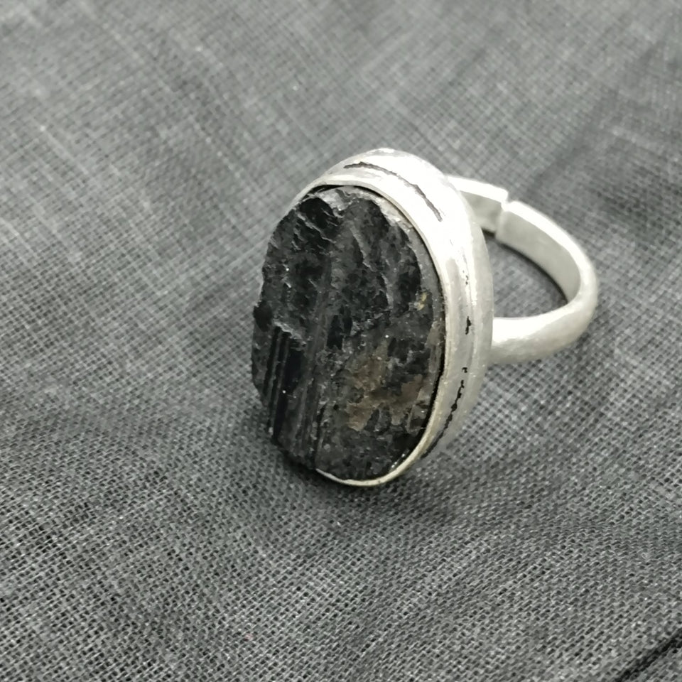 Natural Black Tourmaline Crystal Free Size Raw Rough Uneven cut Crystal Ring For Men And Women