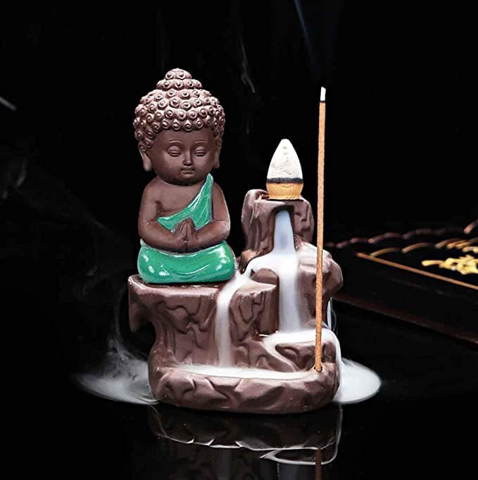 Meditating Monk Buddha Smoke Backflow Fountain Cone Incense Holder Decorative Showpiece with Free 10 Smoke Backflow Scented Cone Incense (Green)