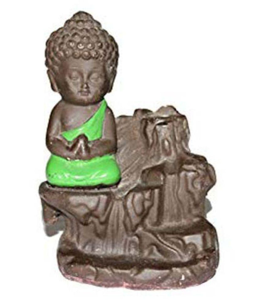 Meditating Monk Buddha Smoke Backflow Fountain Cone Incense Holder Decorative Showpiece with Free 10 Smoke Backflow Scented Cone Incense (Green)