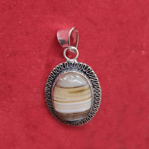 Natural Black Sulemani Hakik / Banded Agate Oval White Metal Pendant Men & Women Pendant For Reiki Healing