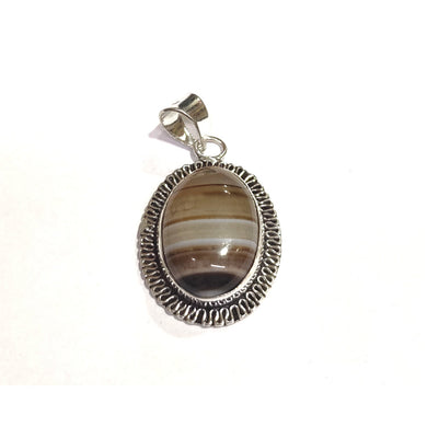 Natural Black Sulemani Hakik / Banded Agate Oval White Metal Pendant Men & Women Pendant For Reiki Healing