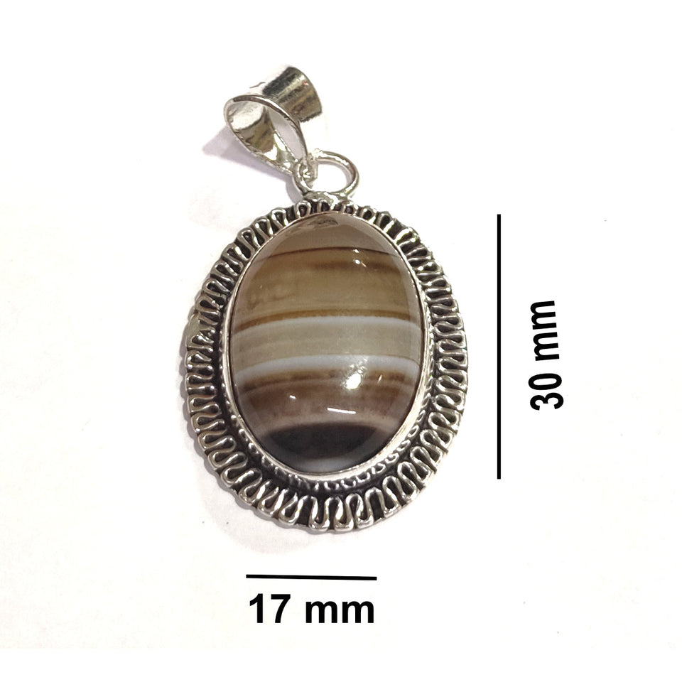 Natural Black Sulemani Hakik / Banded Agate Oval White Metal Pendant Men & Women Pendant For Reiki Healing