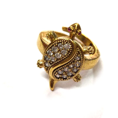 American Diamond Studded Gold Plated Tortoise Turtle Vastu Feng Shui Kachua Good Luck Charm Unisex Adjustable Free Size Finger Ring for Longevity