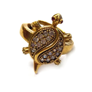 American Diamond Studded Gold Plated Tortoise Turtle Vastu Feng Shui Kachua Good Luck Charm Unisex Adjustable Free Size Finger Ring for Longevity