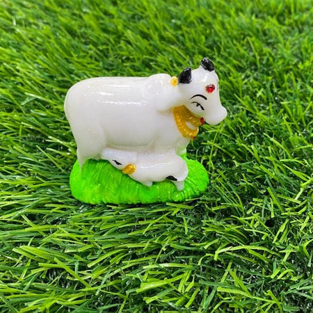 Kamdhenu Cow with Calf (Resin) Religious Idol Handcrafted Statue for Vaastu, Home, Gift and Car (White)