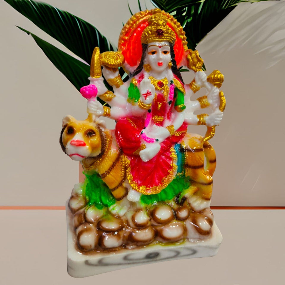 Mata Durga on Lion Idol Handcrafted Handmade Marble Dust Polyresin for Home, Temple, Car Dashboard  -12 cm MS-1