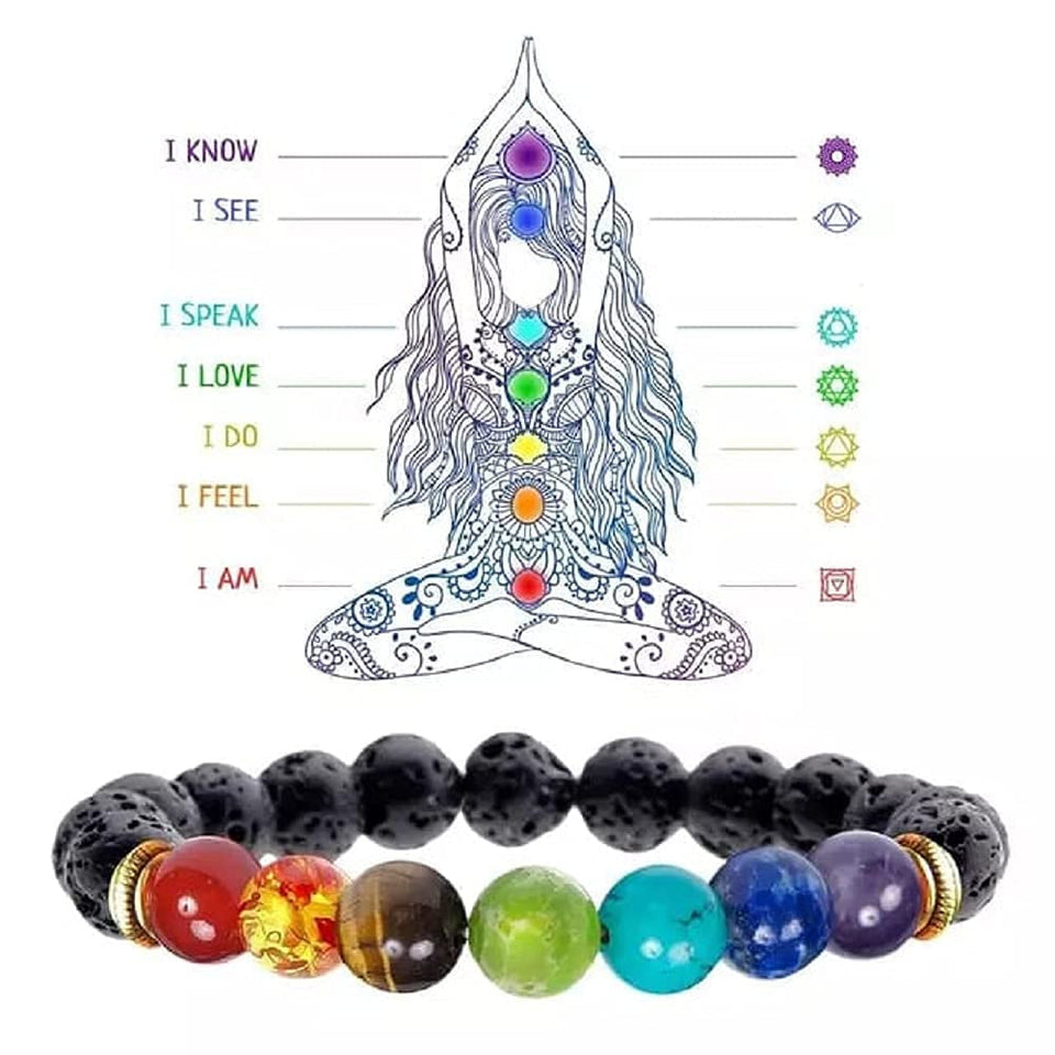 7 Chakra Semi Precious Gemstone with Lava Beads Bracelet Reiki Crystals Semi Precious Natural Gemstone Beads Reiki Healing Bracelet