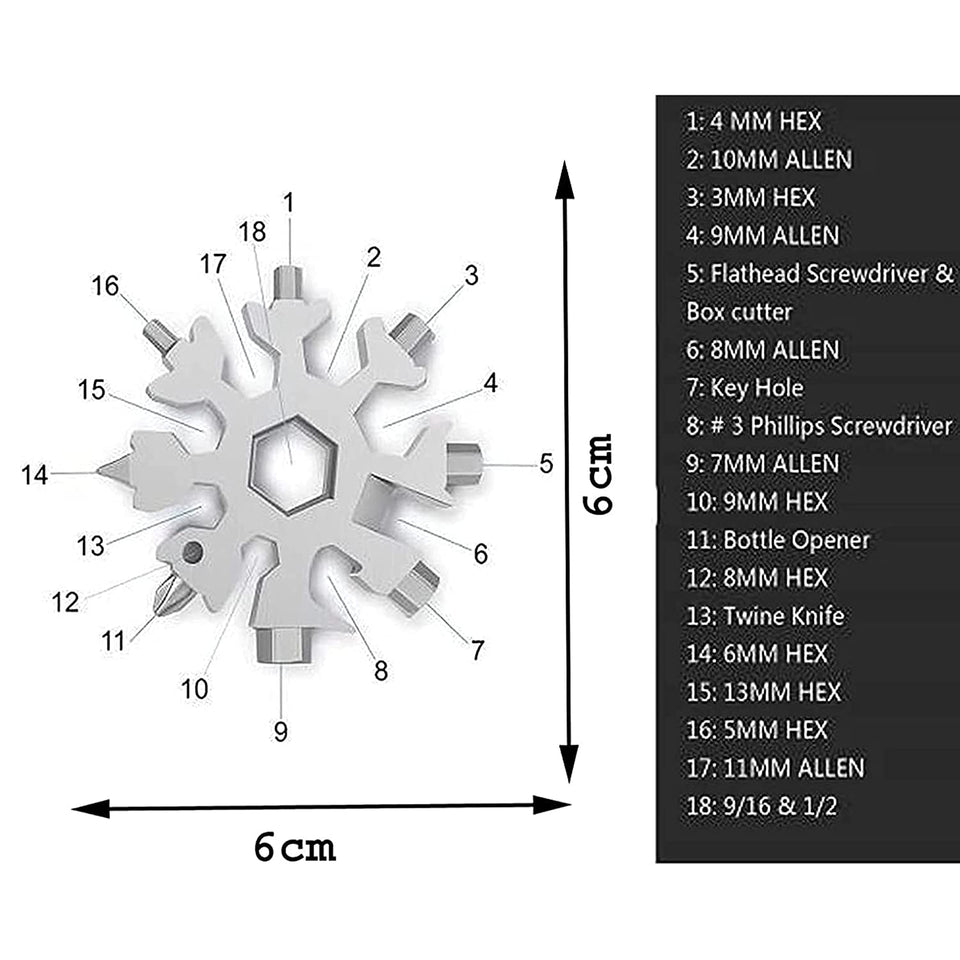 Snowflake Shape 18 in 1 Stainless Steel Multitool , Heavy Duty, Hex Wrench, Screwdriver, Allen Wrench, Portable, Daily Use, Camping tool, Keychain, Bottle Opener, Flat Screwdriver Kit/Wrench