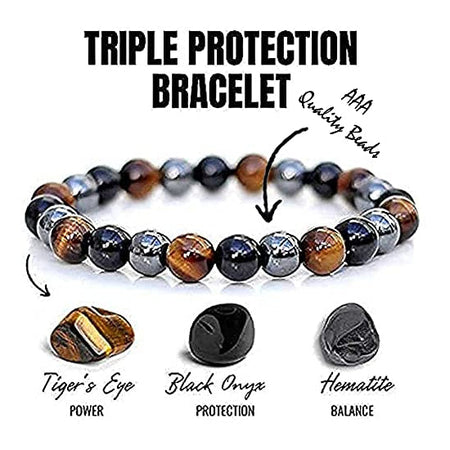 Triple Protection Bracelet, Natural Hematite, Tiger Eye, Black Onyx Gemstone Crystal Beads Stretch Hand Band / Bracelet