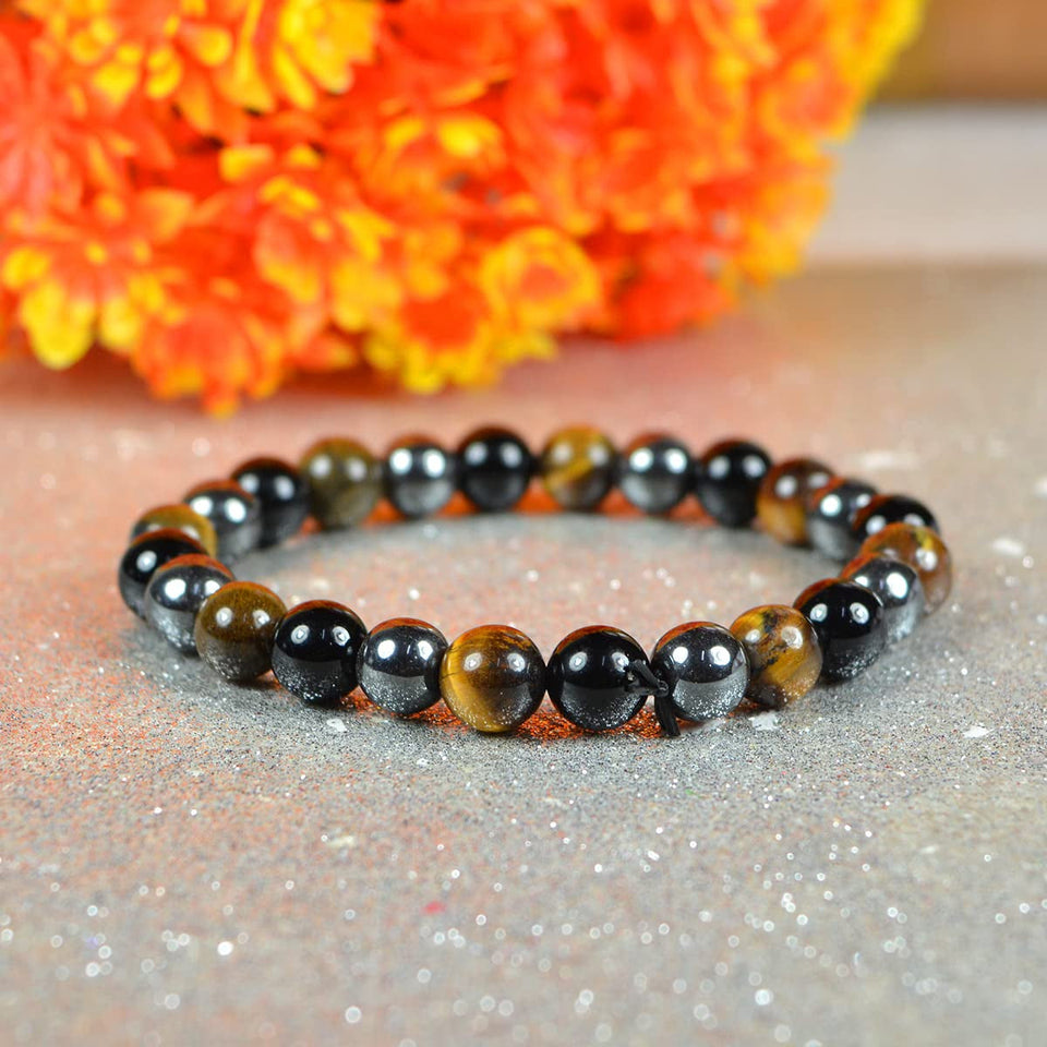 Triple Protection Bracelet, Natural Hematite, Tiger Eye, Black Onyx Gemstone Crystal Beads Stretch Hand Band / Bracelet