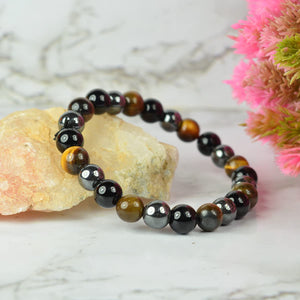 Triple Protection Bracelet, Natural Hematite, Tiger Eye, Black Onyx Gemstone Crystal Beads Stretch Hand Band / Bracelet